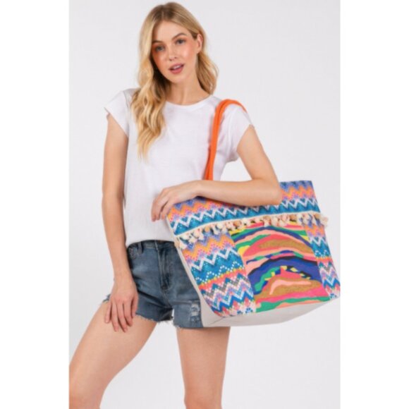 Boho Print Pom Pom Fringe Large Tote Bag Multicolor - Picture 1 of 4